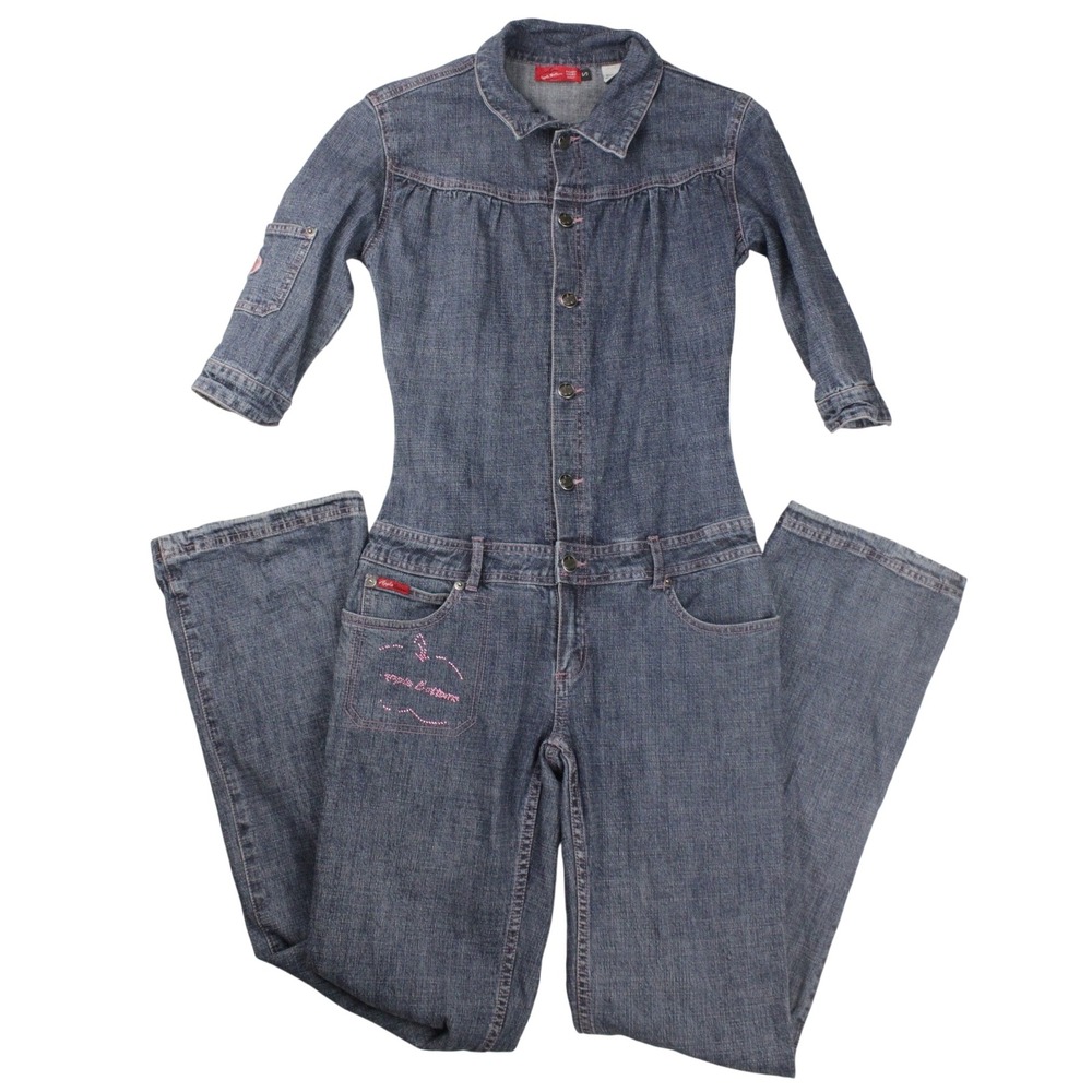 Vintage Y2K Apple Bottoms Denim Jumpsuit Womens S Pink Stitch Hip Hop Clubwear